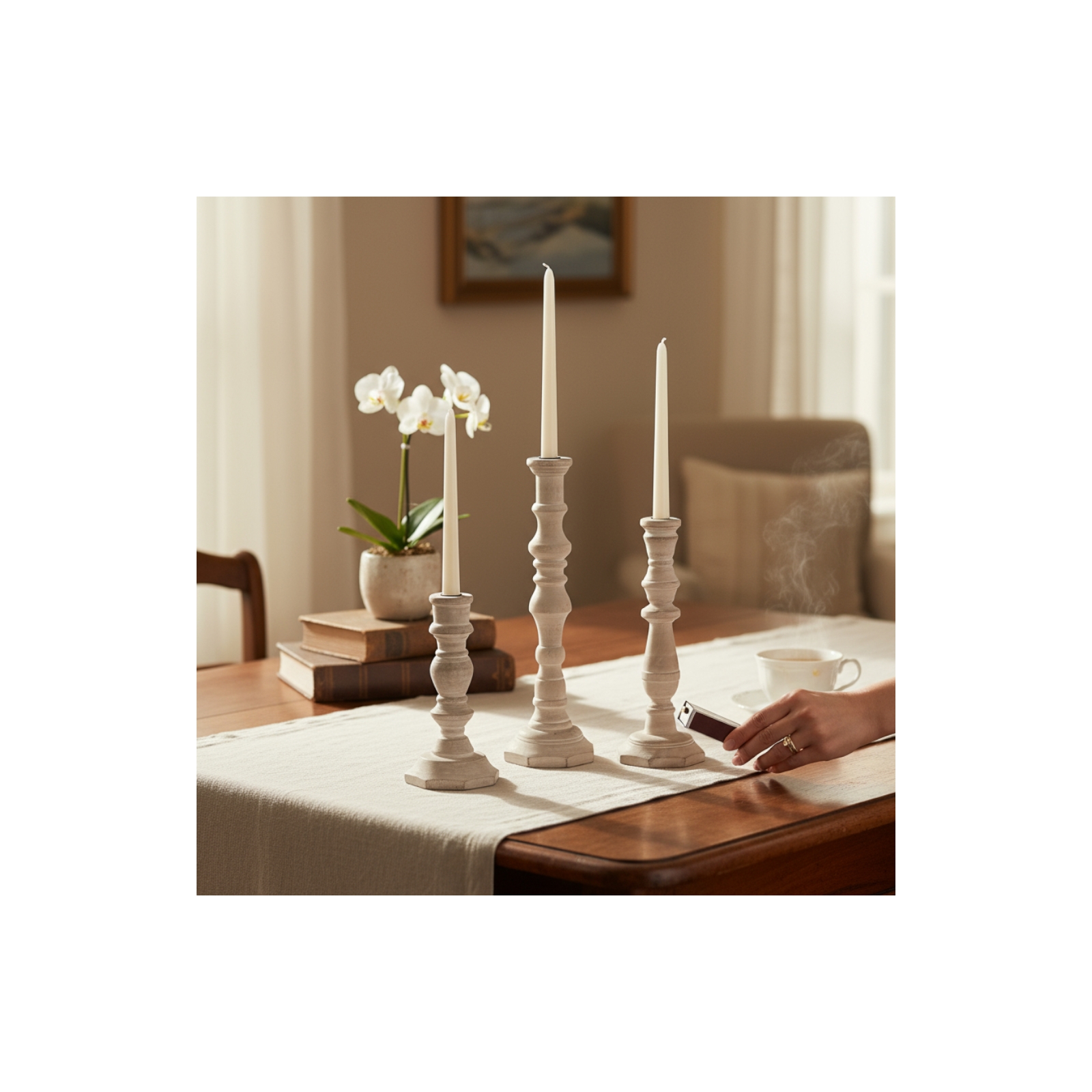 Set of 3 Donna Taper Candleholders- Bleached Wood 